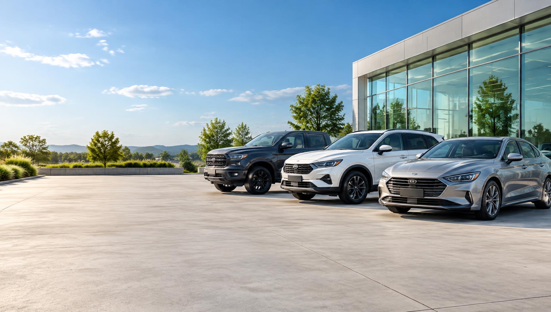 Daylight automotive promotional scene with a sedan, crossover and pickup